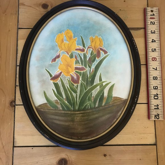 Original Watercolor Painting Red Heart Yellow Iris Flower Oval Frame Skye Henkel - Picture 6 of 7